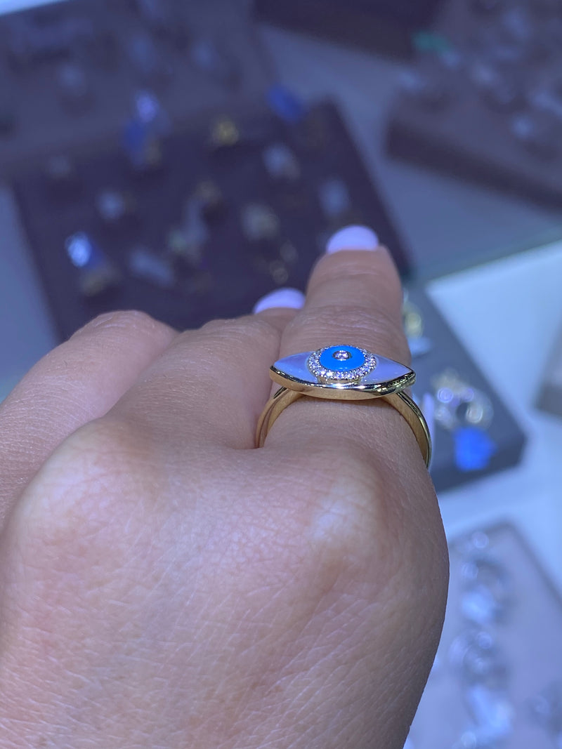 14k Gold Pearl and Turquoise Evil Eye Diamond Ring