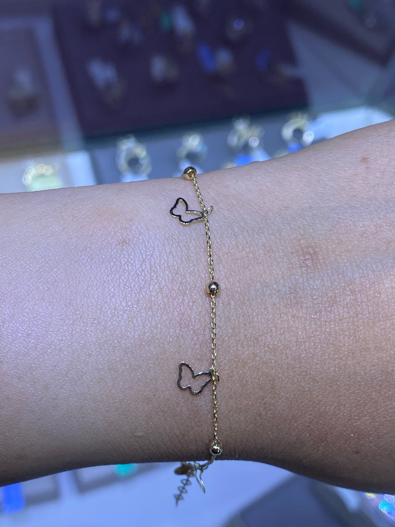 14K Gold Hollow Butterfly and Bead Bracelet