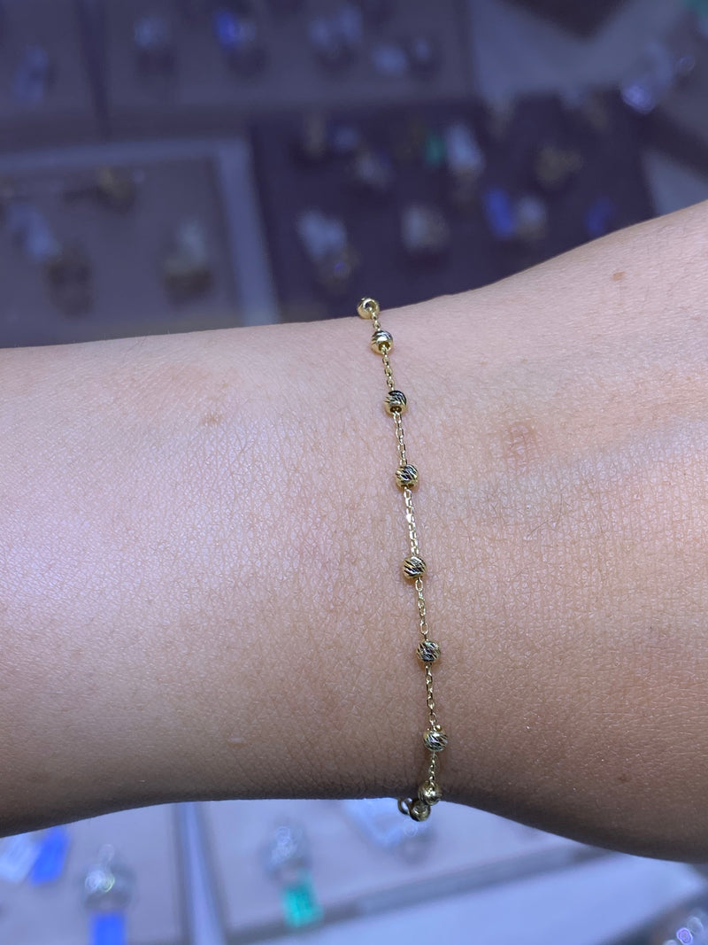 14K Gold Diamond Cut Ball and Rosary Charm Bracelet