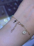 14K Gold Diamond Cut Ball and Rosary Charm Bracelet