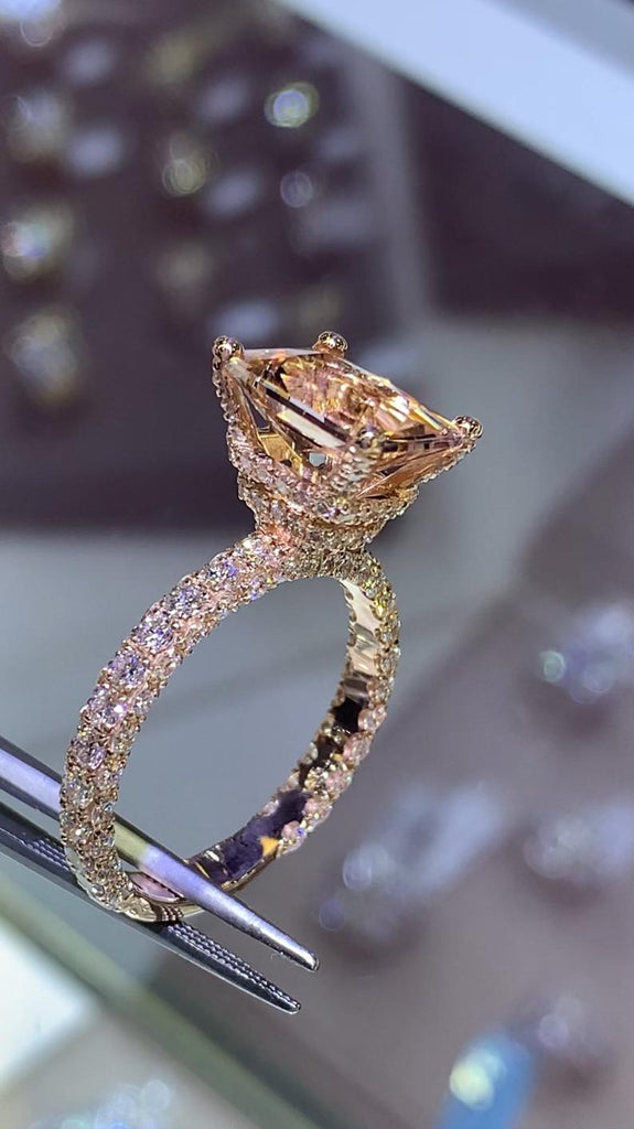 c120529 : 9 Carat Rose Gold Morganite & Diamond Halo Ring - Abrecht Bird  Jewellers