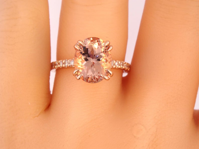 14K Gold Diamond Under Halo with 2.54 Carat Oval Morganite Engagement Ring