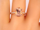 14K Gold Diamond Under Halo with 2.54 Carat Oval Morganite Engagement Ring.