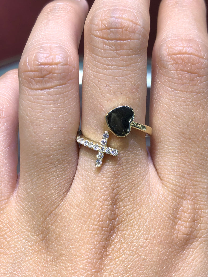Gold Heart and Diamond Cross Ring