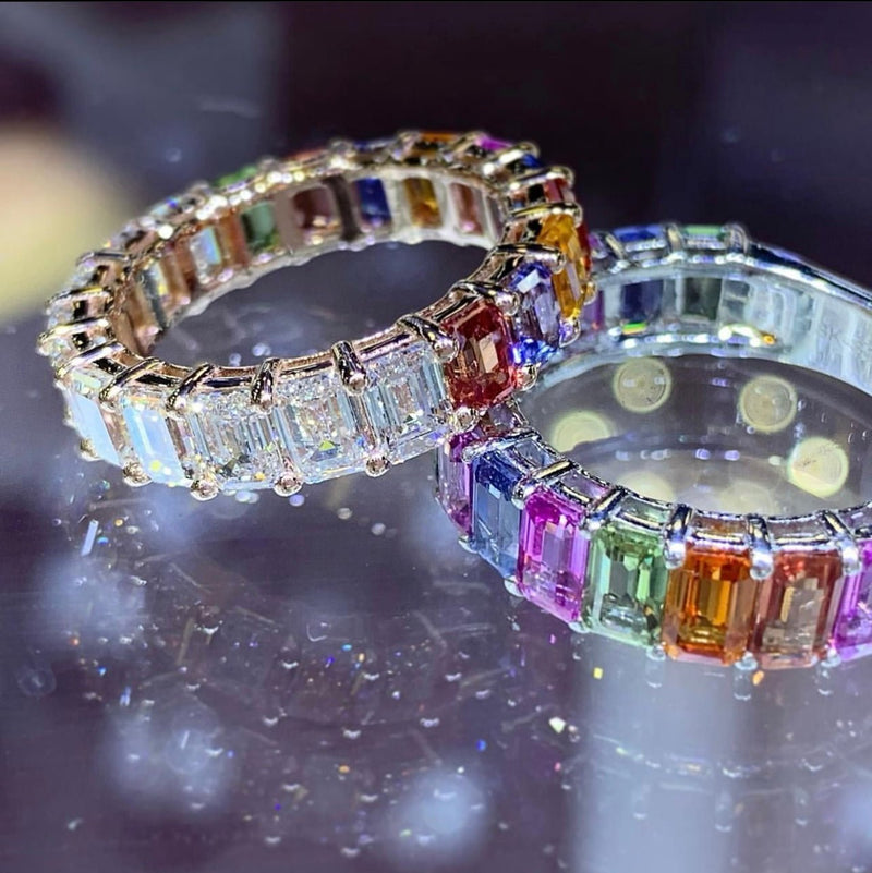 14K Gold Rainbow Sapphire Emerald Eternity Band