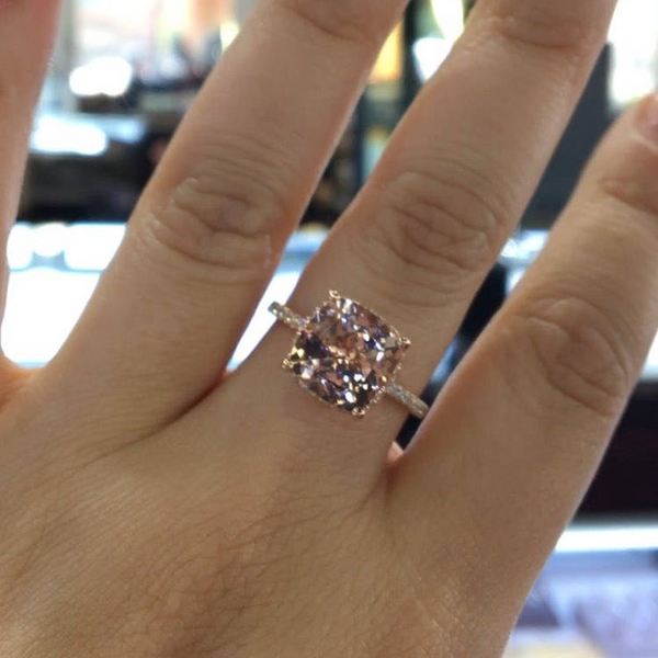 14K Gold Diamond Under Halo Ring with 2 Carat Cushion Cut Morganite Engagement Ring
