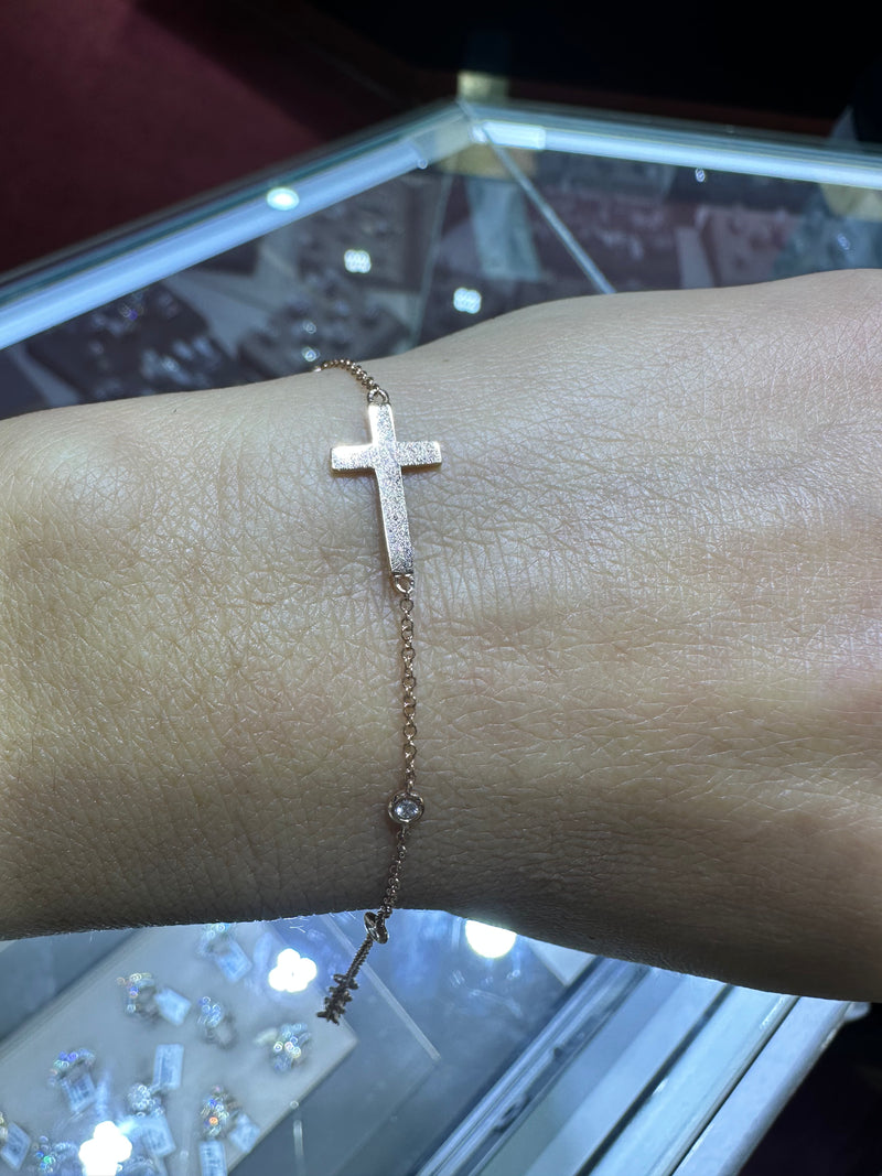 14K Gold Bezel Diamond By the Yard Bracelet with Cross